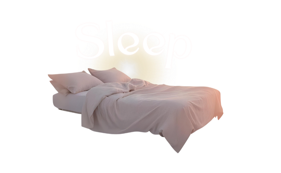 A bed with light-colored sheets and pillows, with a glowing word 'Sleep' in the background.