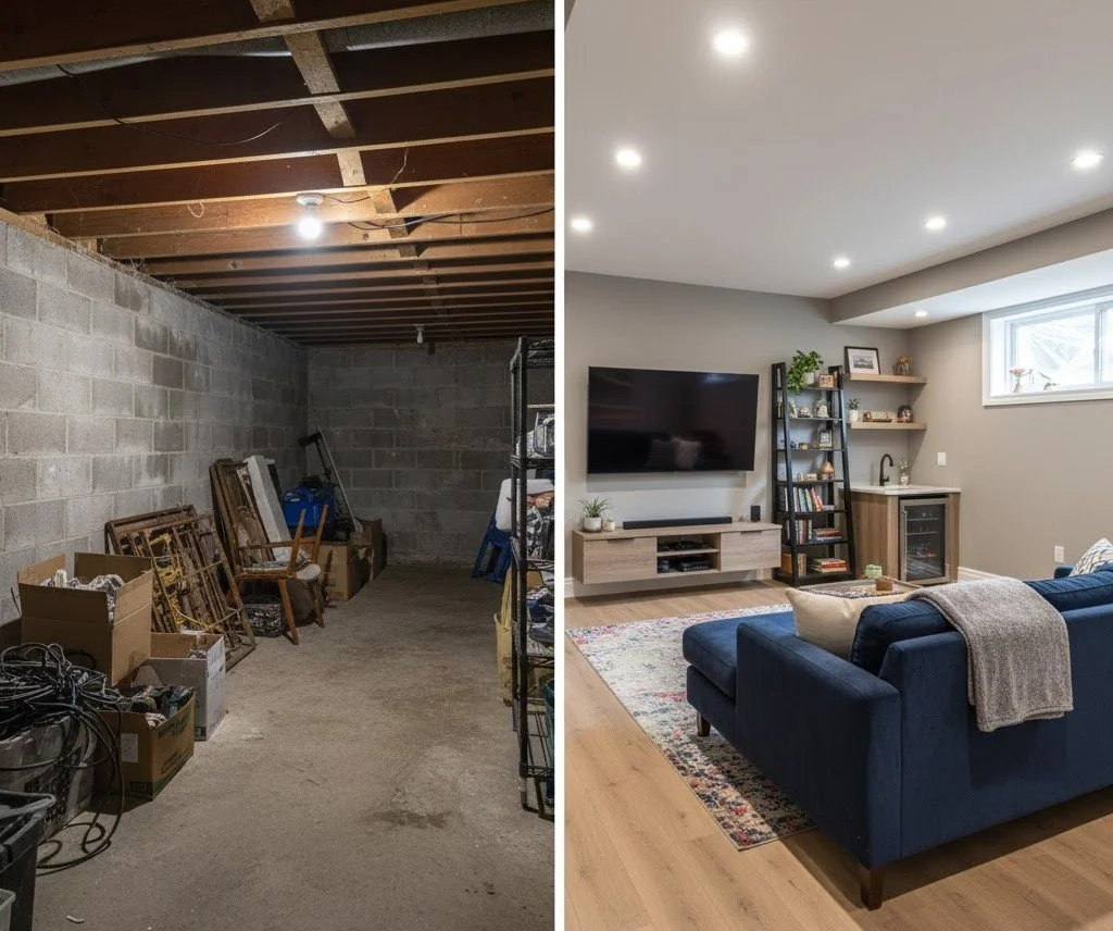 Comparison of a basement before and after renovation, showing a cluttered, unfinished space on the left and a modern, decorated living area on the right.