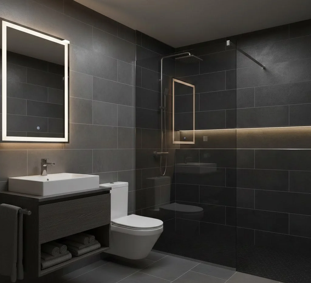 Modern bathroom with black tiled walls and a walk-in shower with glass partition, a white sink on a dark vanity, a mirror with LED lighting, and a white toilet.