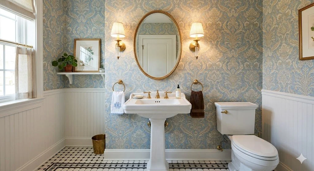 half bathroom with wall paper