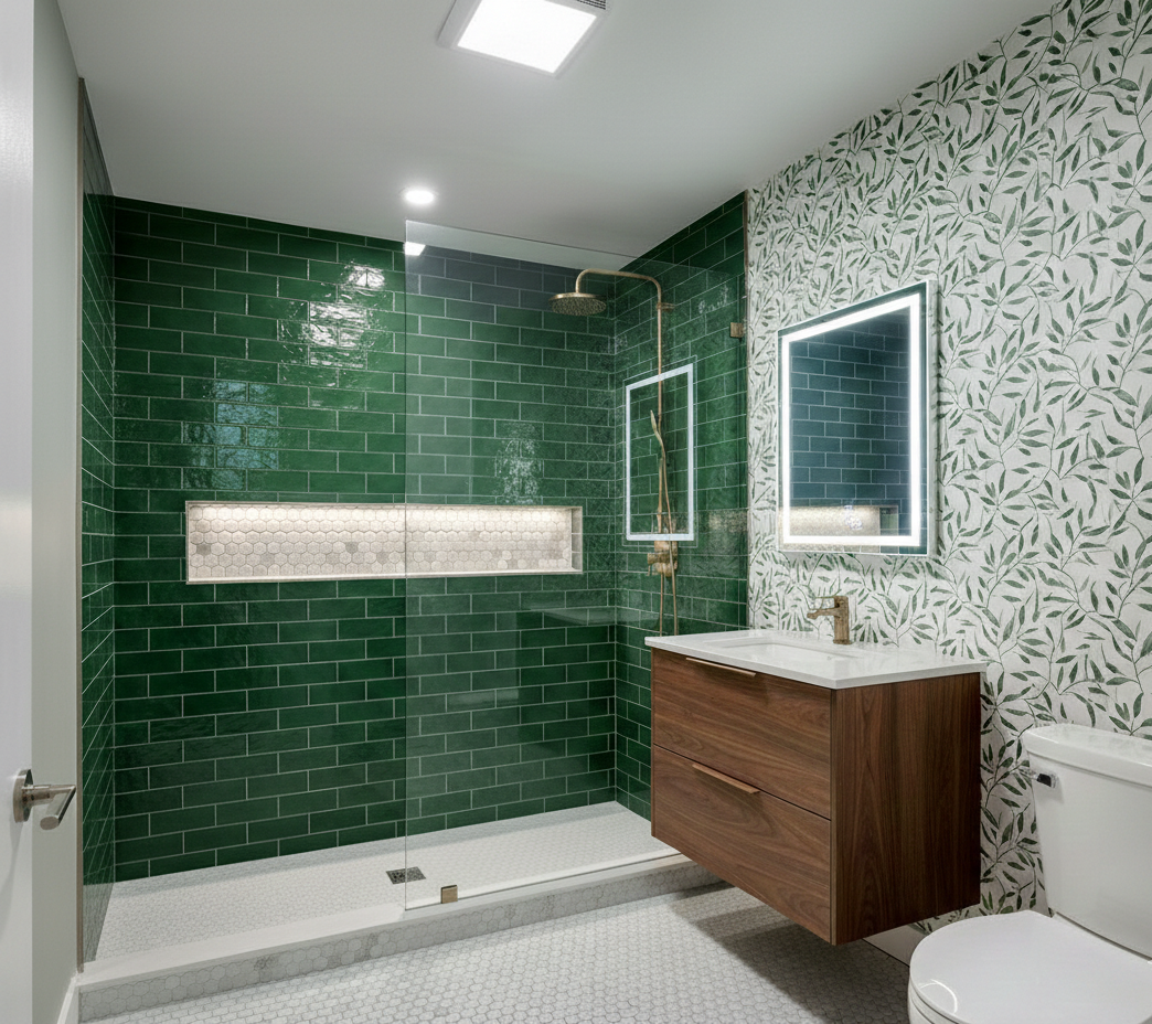 Modern bathroom with green subway tile shower, glass door, wooden vanity with white sink, illuminated mirror, and patterned wallpaper.