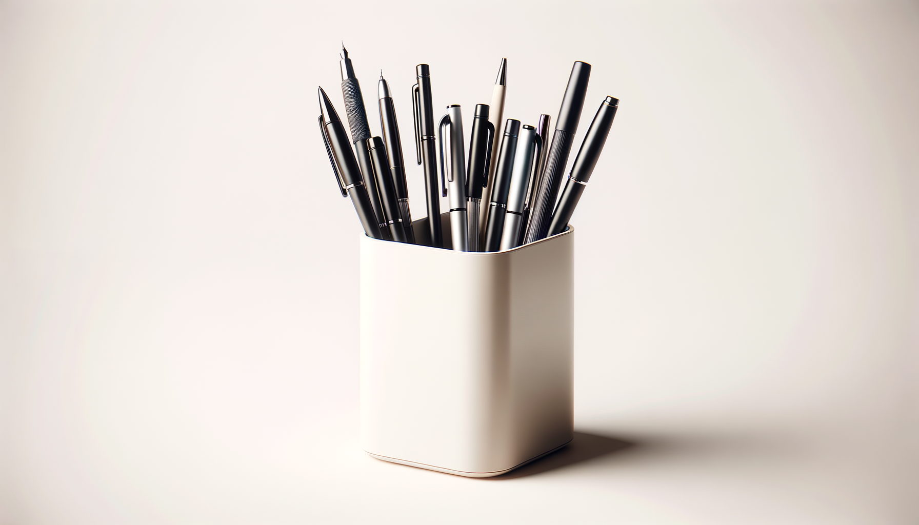 Un porte-stylo blanc contenant plusieurs stylos noirs.