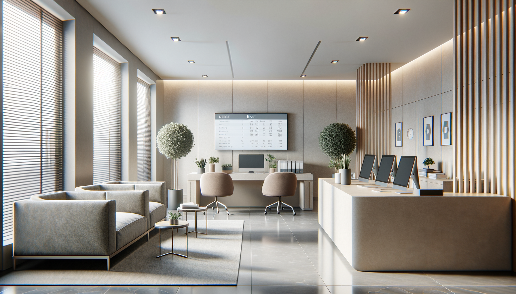 Complexe de bureau moderne avec des fauteuils, un comptoir avec des ordinateurs, un mur avec des cadres et un tableau numérique.