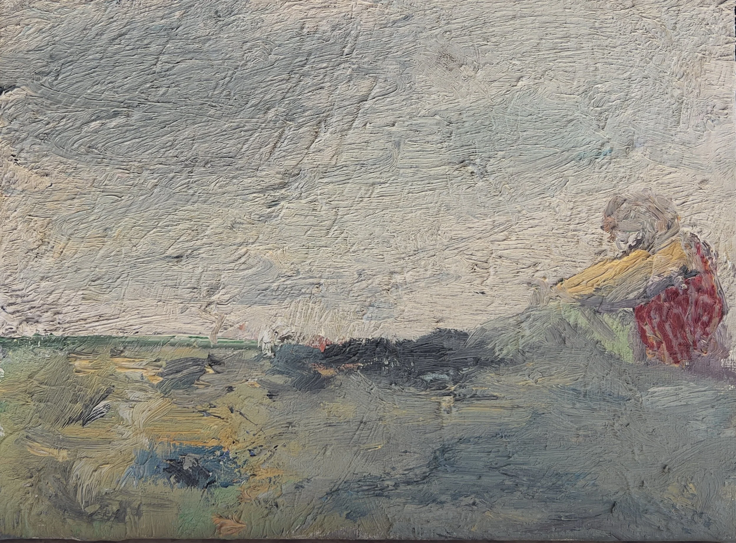 An abstract painting with textured brushstrokes in shades of gray, beige, blue, yellow, and hints of red.