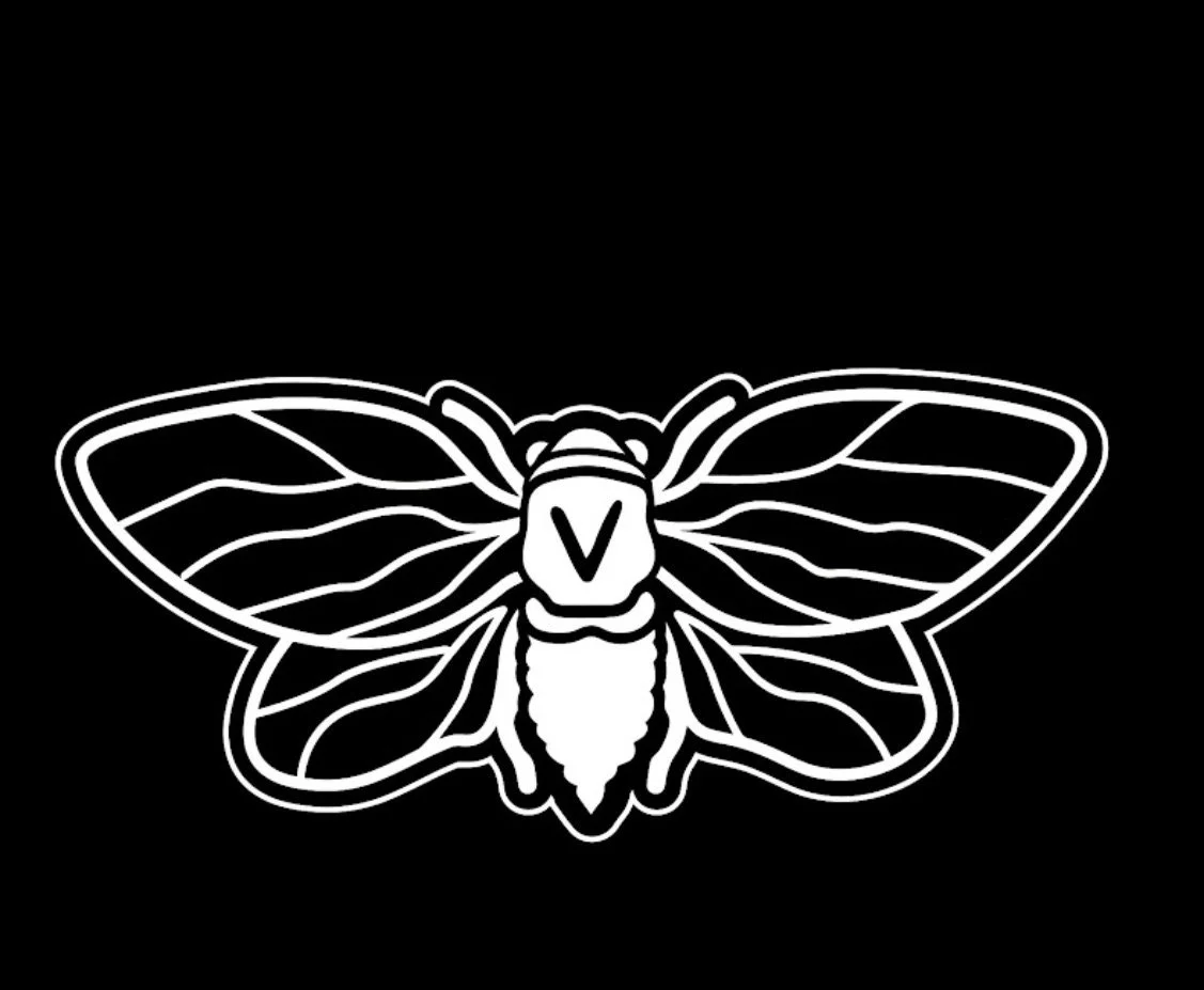 Black and white outline of a moth with a letter V on its body, on a black background.