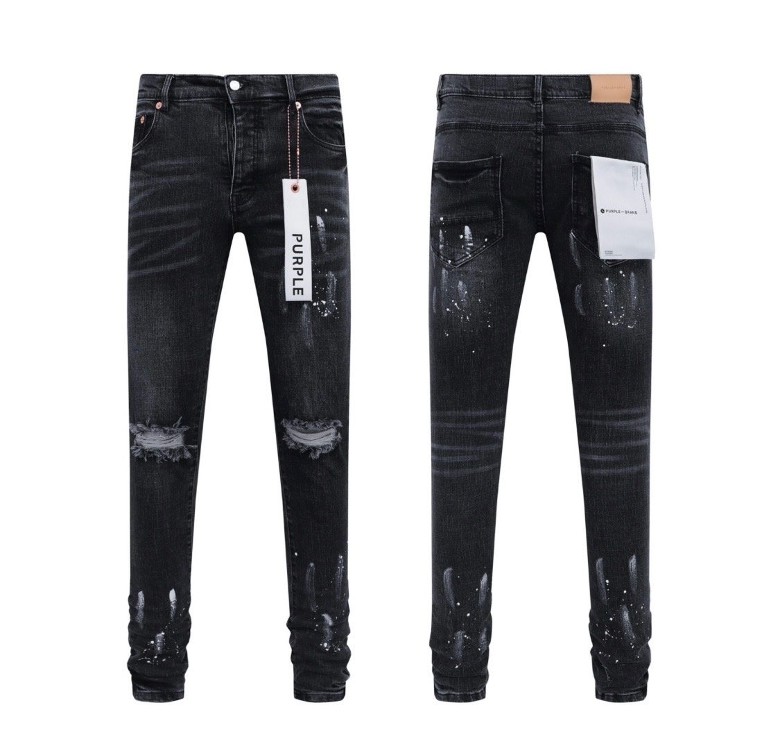 Purple Distressed Paint-Splatter Denim Jeans