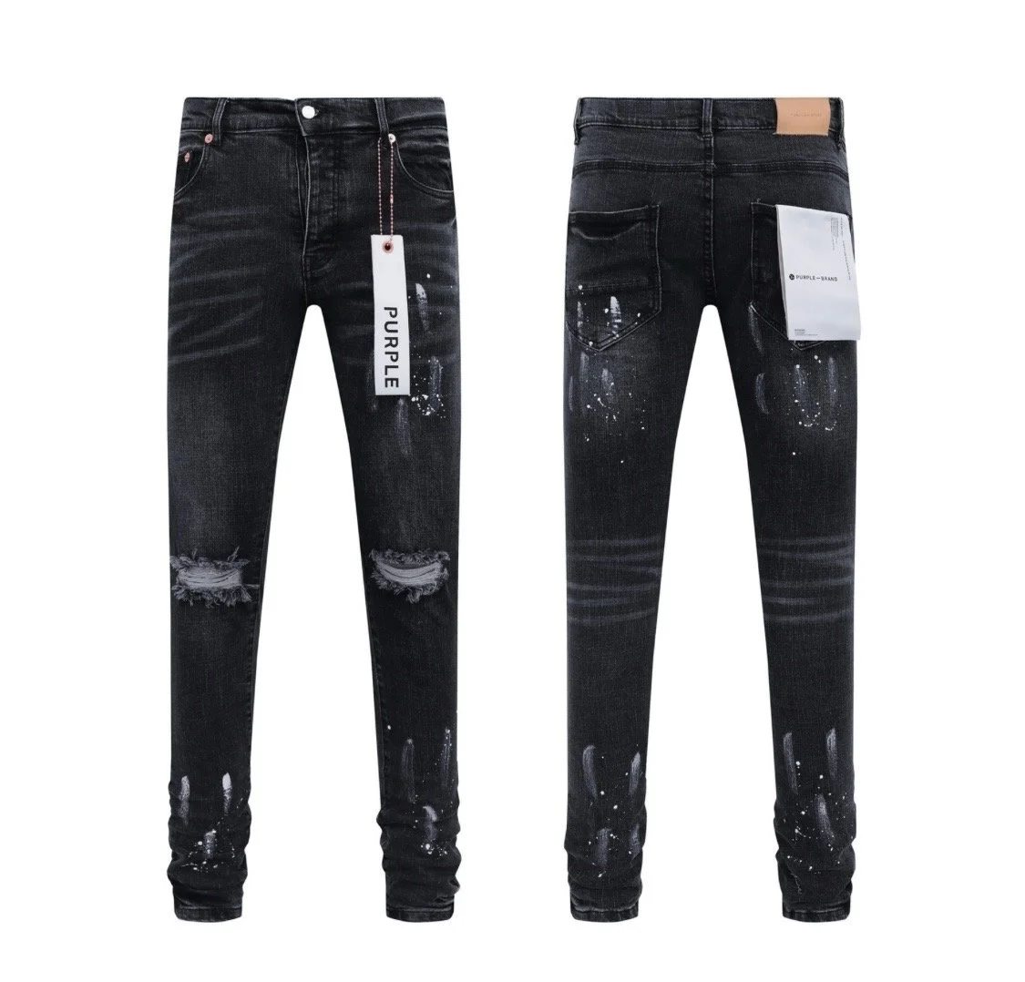 Purple Distressed Black Splatter Jeans