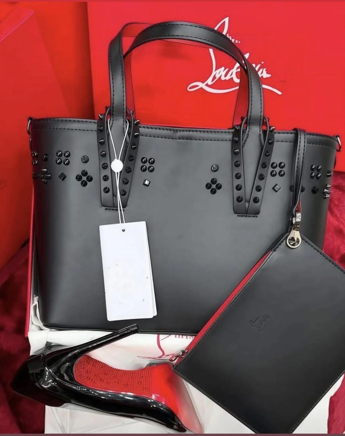 Elegant Black Studded Tote with Matching Pouch and Heels