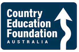 Logo of the Country Education Foundation Australia with white text on a blue background and a white arrow pointing upward.
