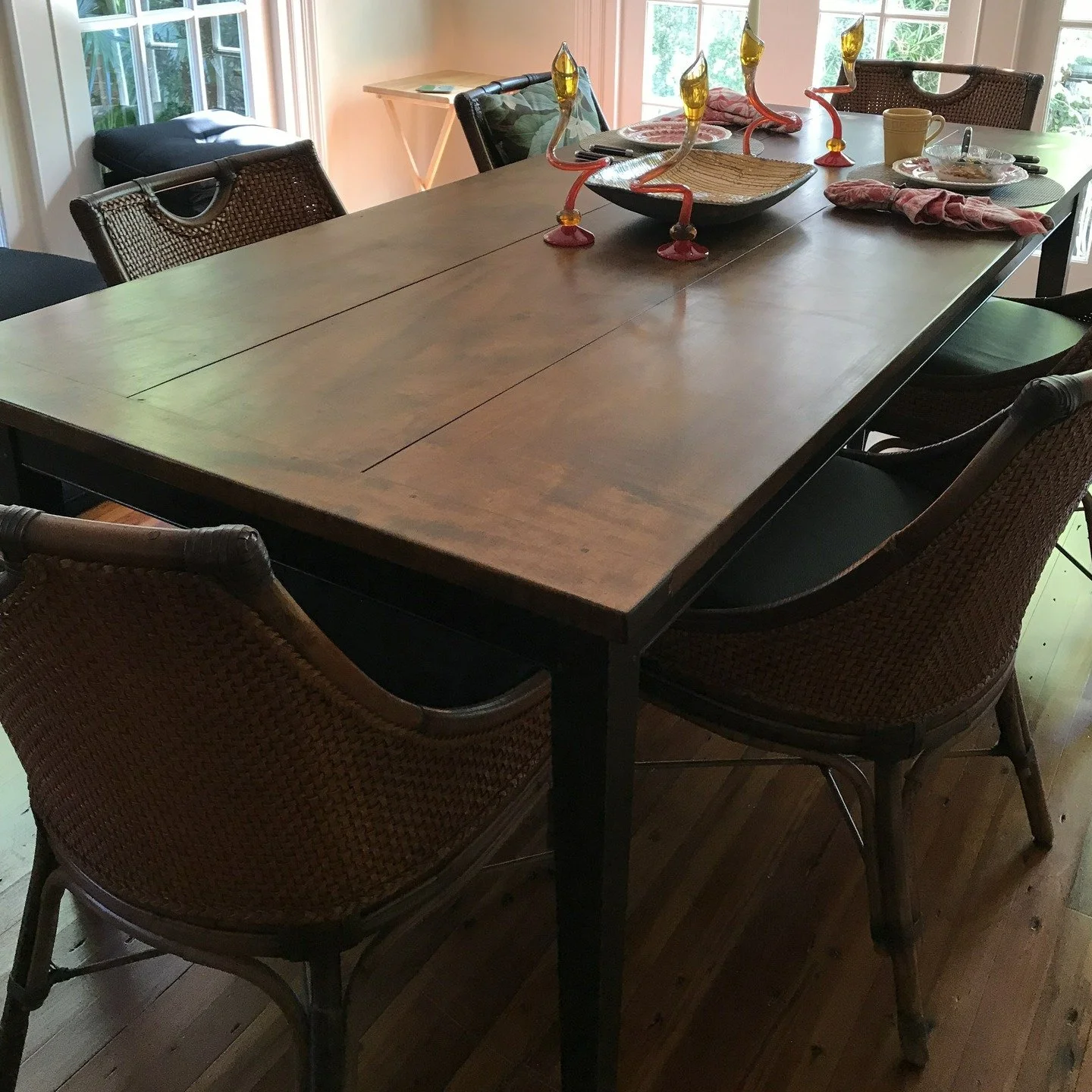 Shaker Farmhouse table made from Maple. I made the base from Soft Maple, painted with Red with a top coat of Black, rubbed through on edges and distressed. Top is 3 Maple boards at 14" each. I made it for a happy couple (Interior Designer) in do
