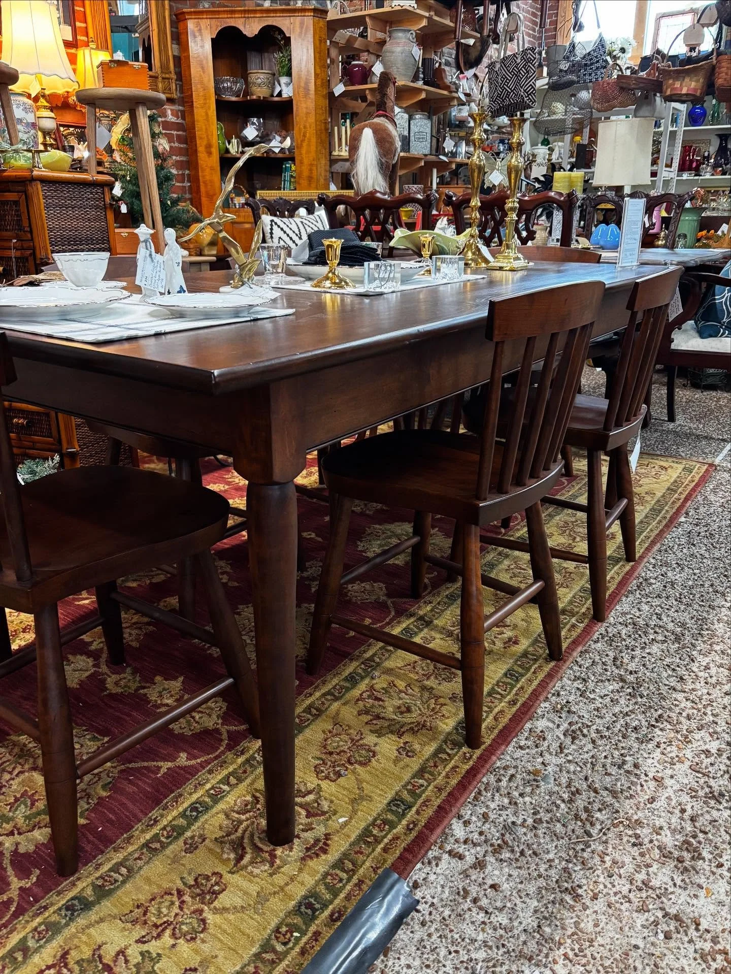 Nicely crafted Shaker table and my Shaker Windsor chairs I make in Cherry, White Oak, natural White Ash and Cherry and Walnut. Set of six chairs and 7 foot table, 1&rdquo; thick top, solid Cherry with Amber stain. at @franklinantiquemall booth is B23