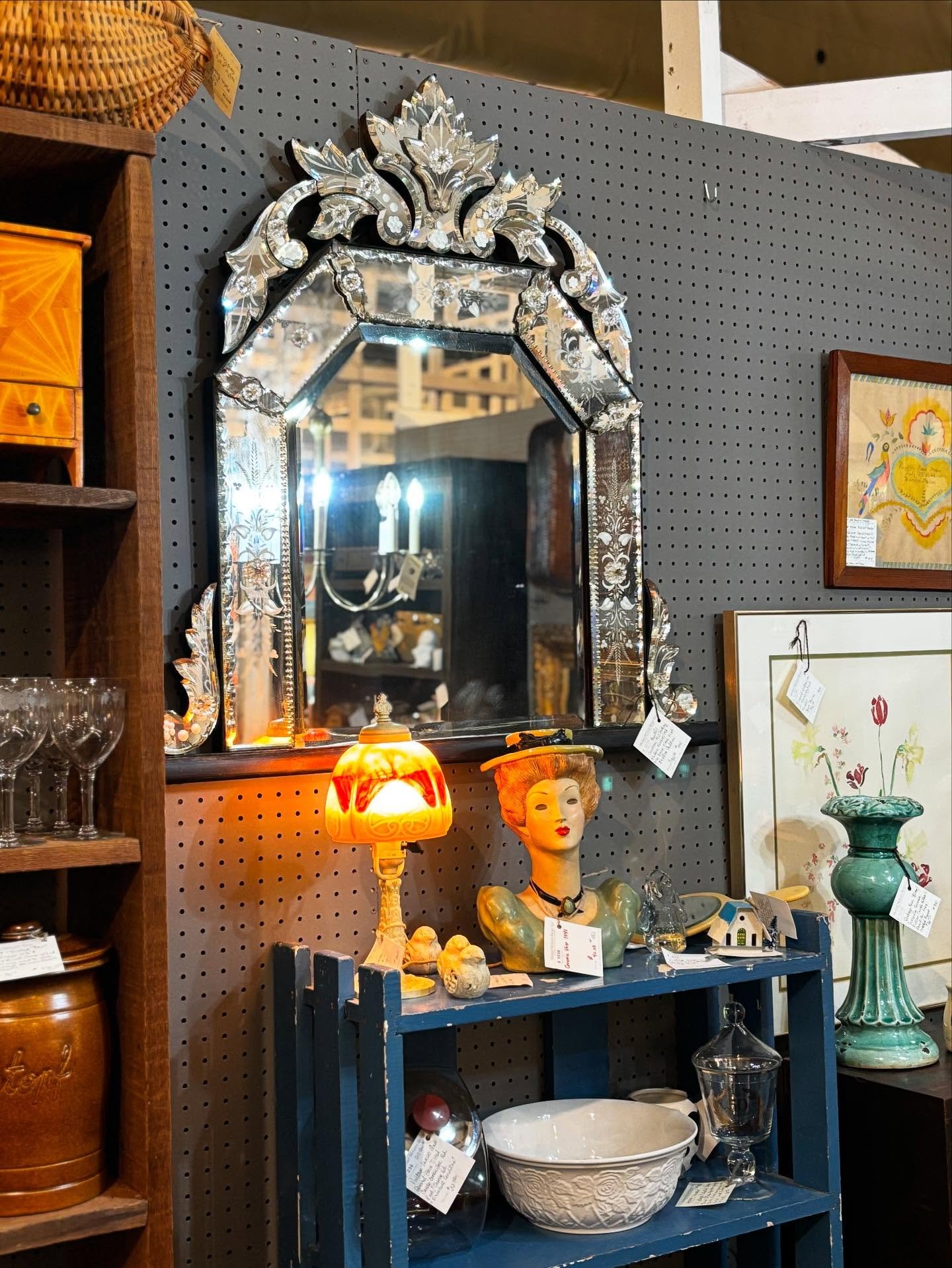 Venetian style mirror. Made from 1930 to 1950 with wide Pine backboards and Pine frame. This is a mantel mirror. Old mirror glass with an elegant design.  In my booth @gaslamptoo booth #T236 on College street, left side of store.