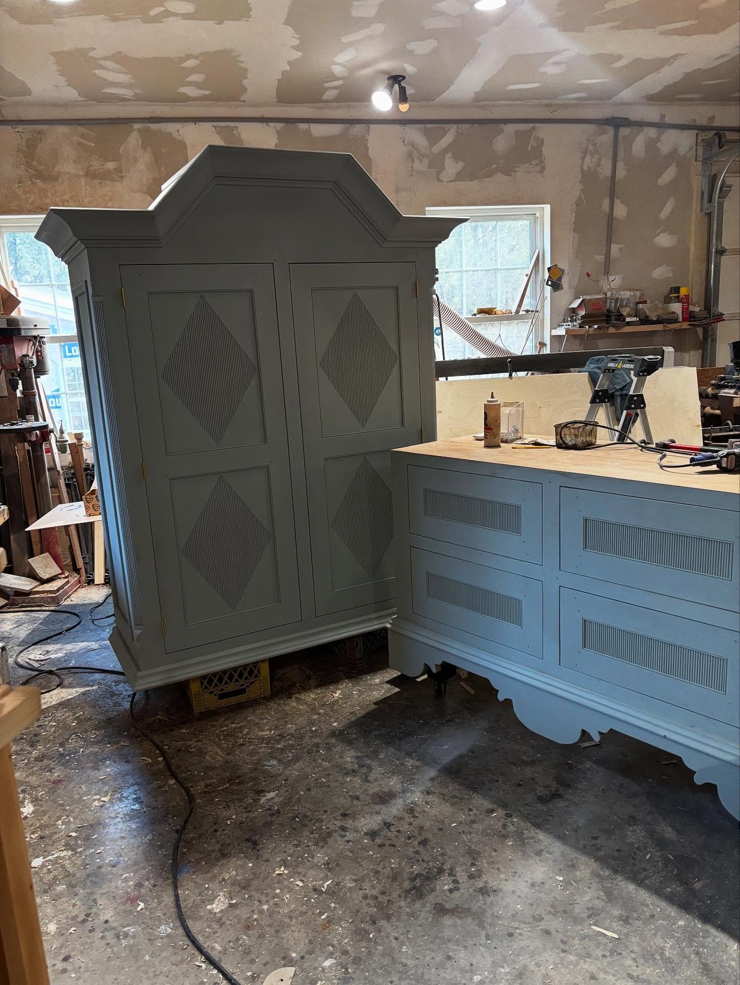 Almost ten feet when this is together. Just finished a thin coat of paint and it&rsquo;s ready to age. Will be putting hardware on next before aging process begins. My ceiling is tall enough by 1/2&rdquo;. I work alone so not easy to set this on top.