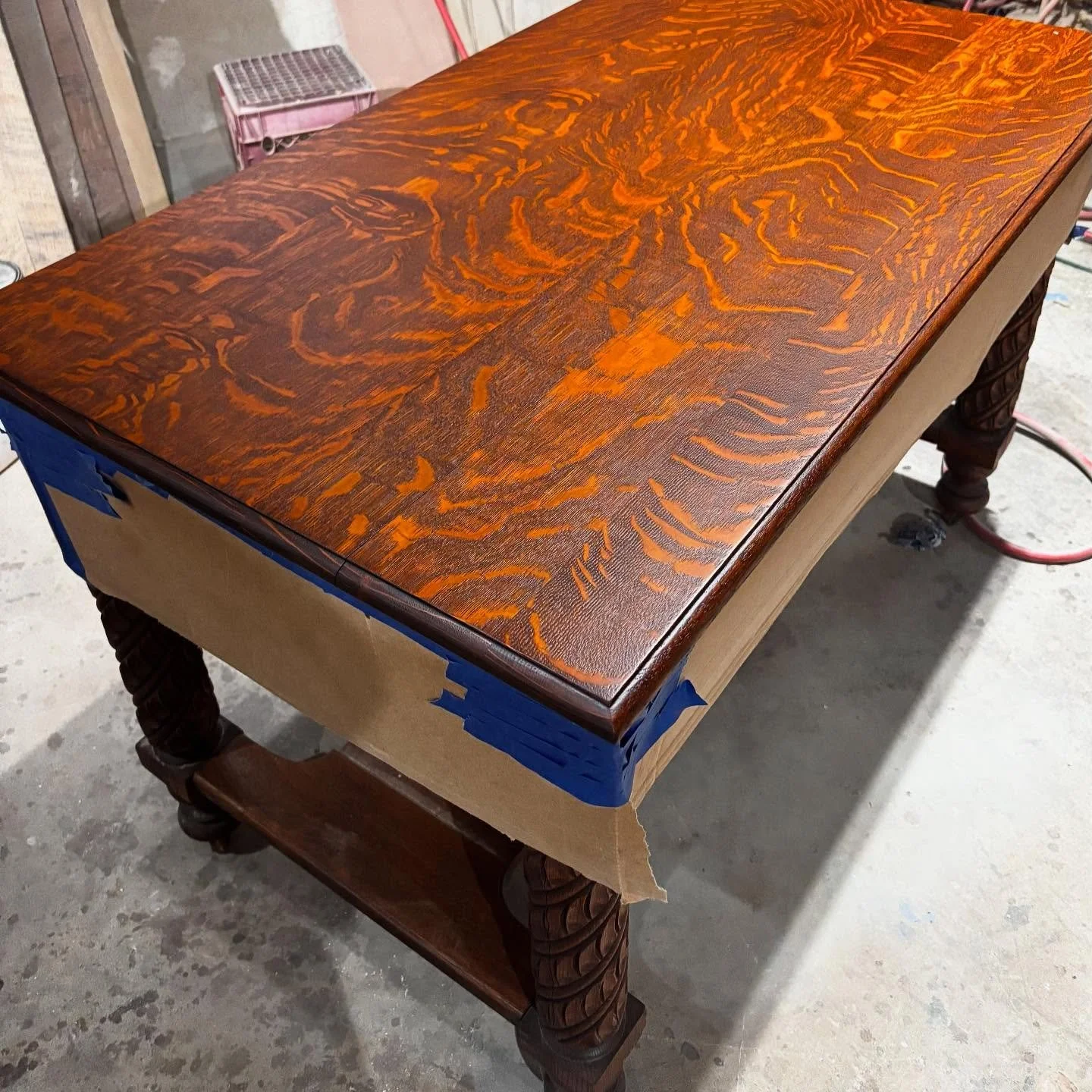 A Follower contacted me to refinish the top on their family heirloom. Had a huge water spot on it. Finished with Matte clear coat after sealer.