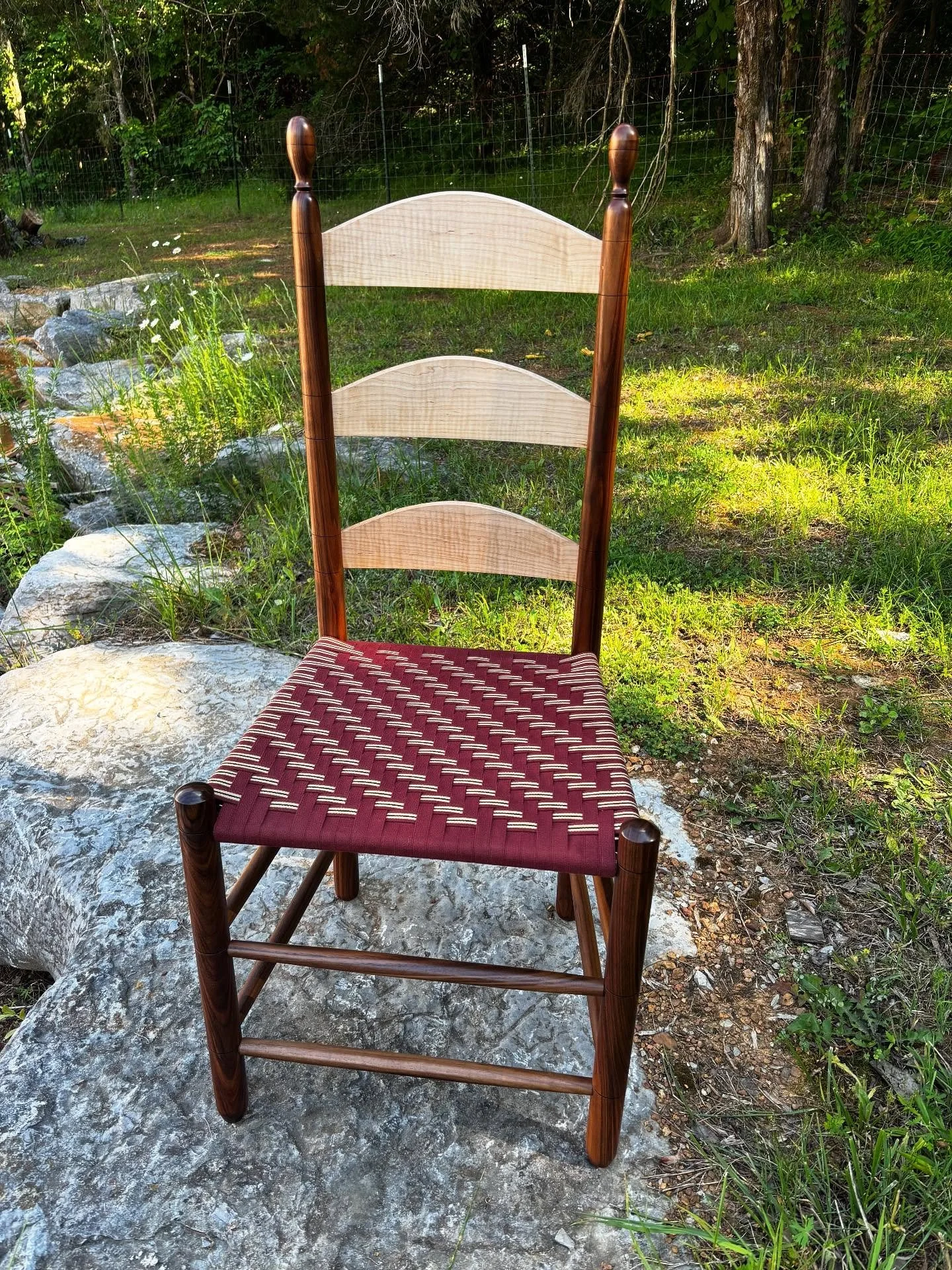 Seating the 8 Shaker Ladder Back chairs I handcrafted in my shop at 3701 Franklin Pike, Lewisburg. Walnut and Curly Maple.