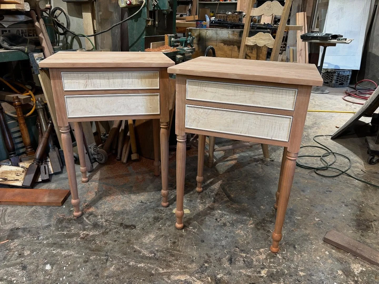 Handcrafted Sheraton two drawer end tables, made by Michael McGuire Handcrafted Furniture. I researched leg styles online so I had a Sheraton leg that was attributed to Colonial TN and KY. This are ready for stain and finishing.