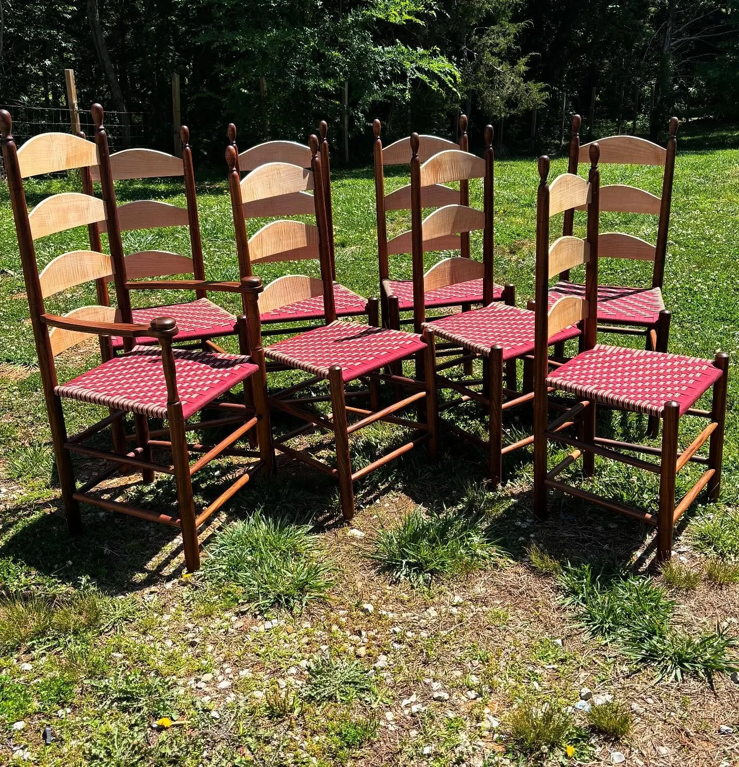 These are the 8 handcrafted Shaker Ladder Back chairs that go to NY. I had the slats steam bent in VT and made the posts and rungs from TN Walnut. My father Jack made these chairs for 30 years at our family business, McGuire Family Furniture Makers, 
