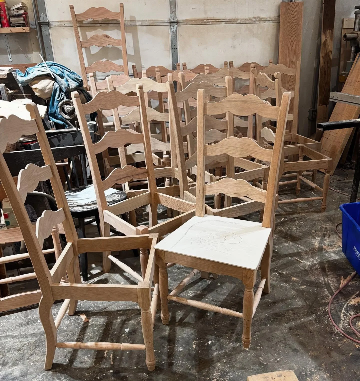French Country dining chairs are coming together. Worked on prototype for several days until all looked perfect. Love the steam bent slats from all angles. These are raw Red Oak and White Oak. The White Oak chairs are going to be stained Walnut color