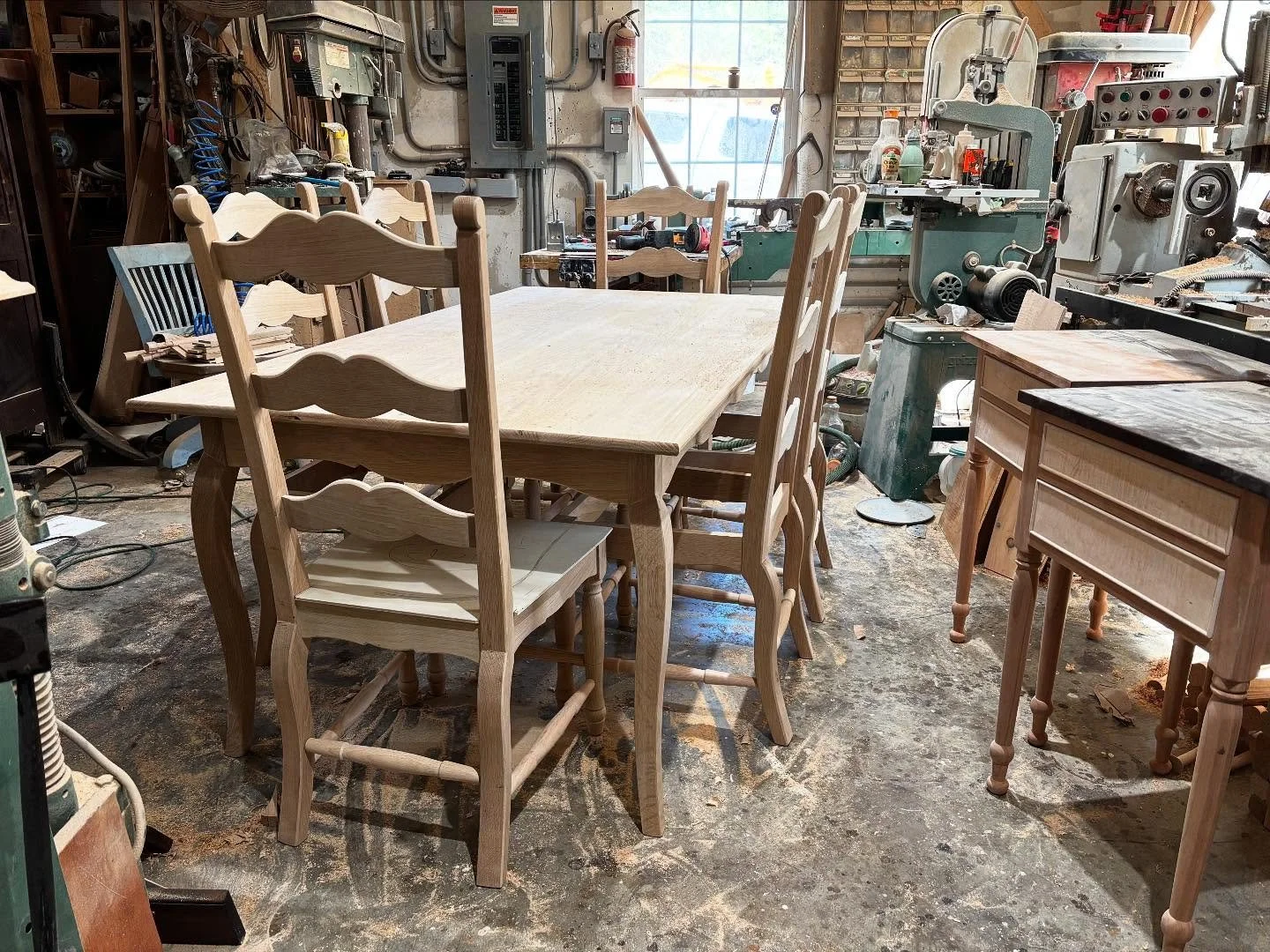 Have a lot of sanding and scraping to do today. Chair set white Oak blanks are glued up and have to be sized and scooped. The set is looking nice for young couple in Franklin. White Oak 4 board top on the French country Table is beautiful. My new Fre