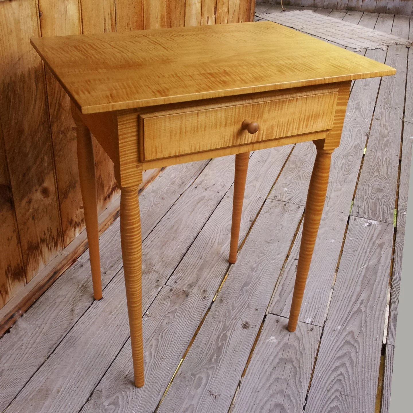 shaker end table with turned leg handcrafted from curly maple