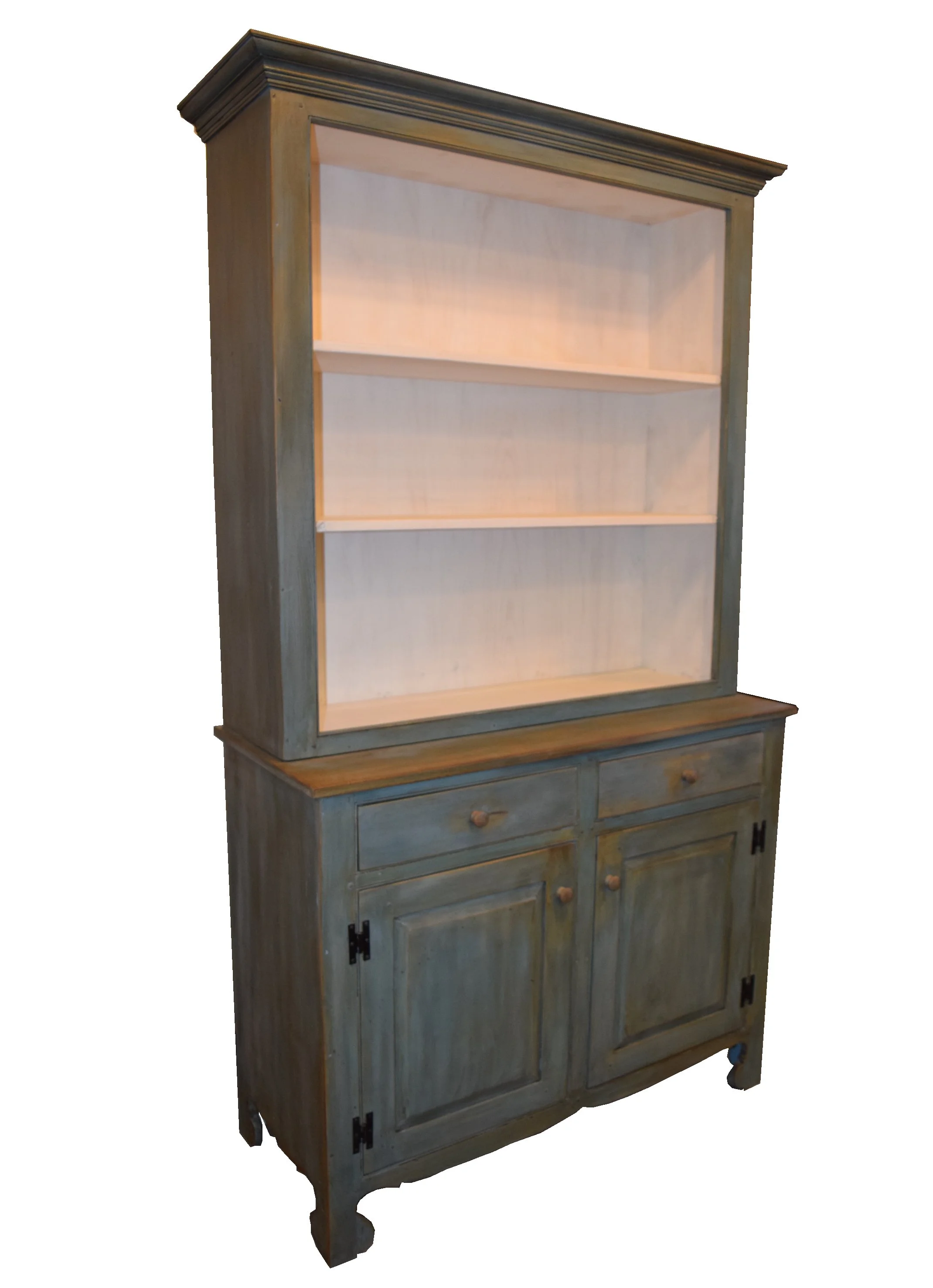 french hutch with glass doors and antique painted light blue paint distressed and glazed