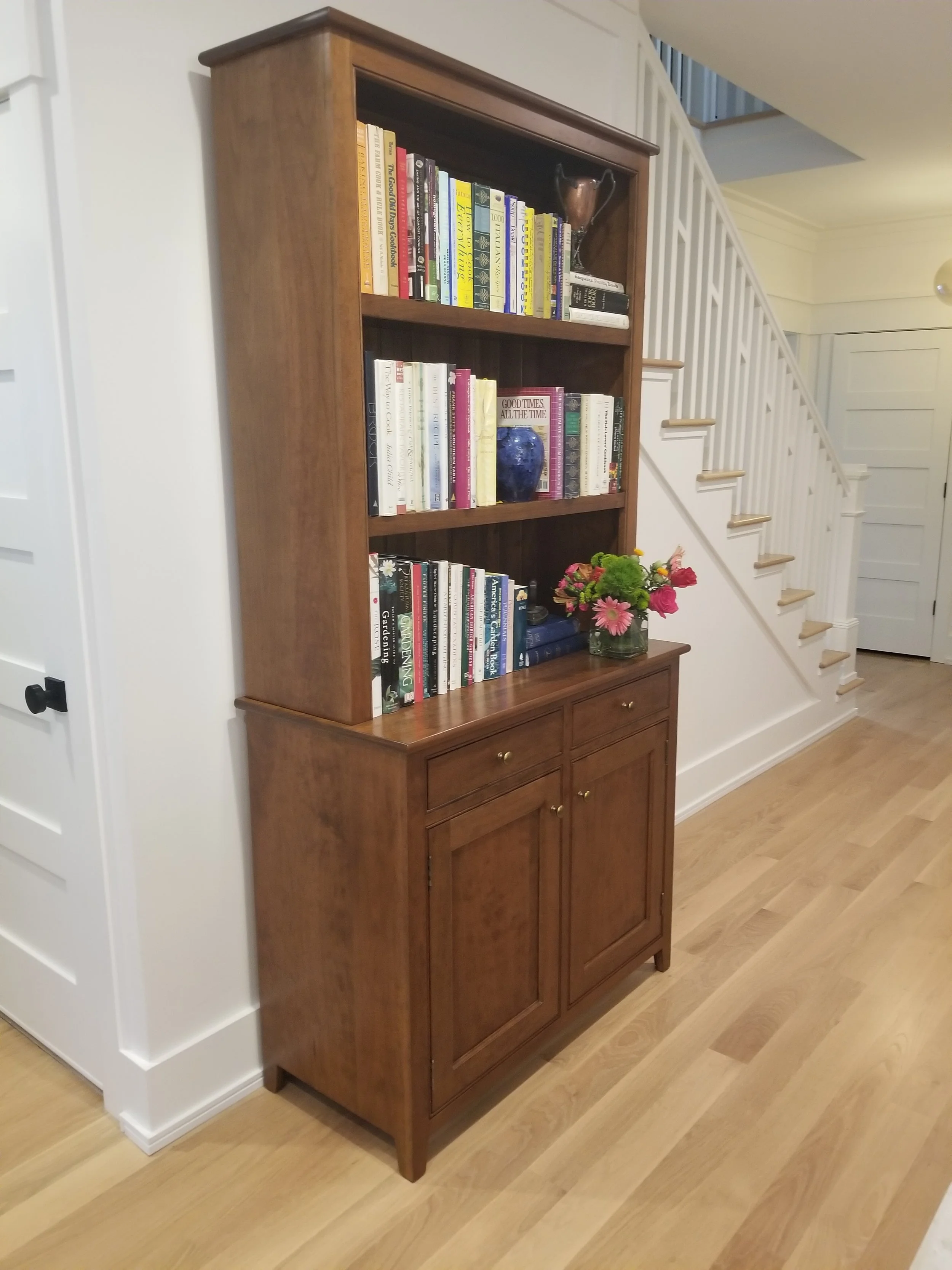 shaker bookshelf with glass doors and drawers in bottom hutch bookcase on top