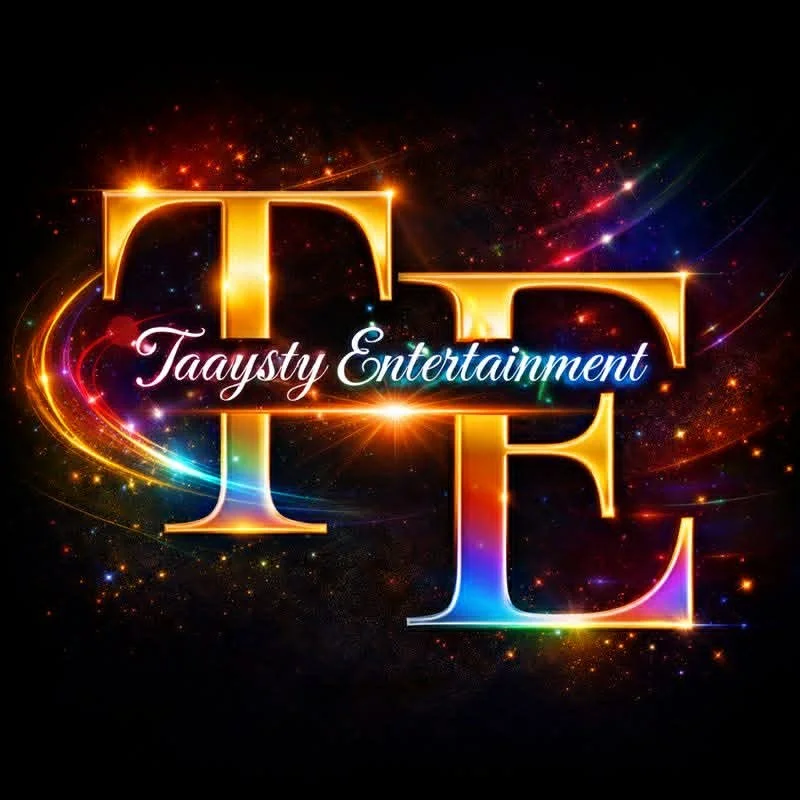 Colorful, glowing text reads 'TAAYSTY Entertainment' over a starry, cosmic background.