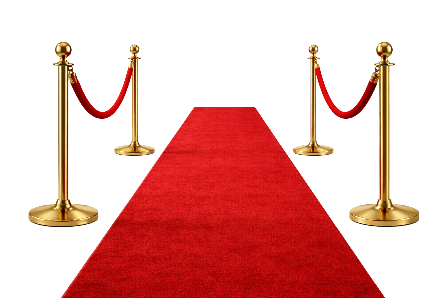 Gold stanchions with red velvet ropes and a red carpet runner on a white background, representing a VIP event entrance by DFW Booths