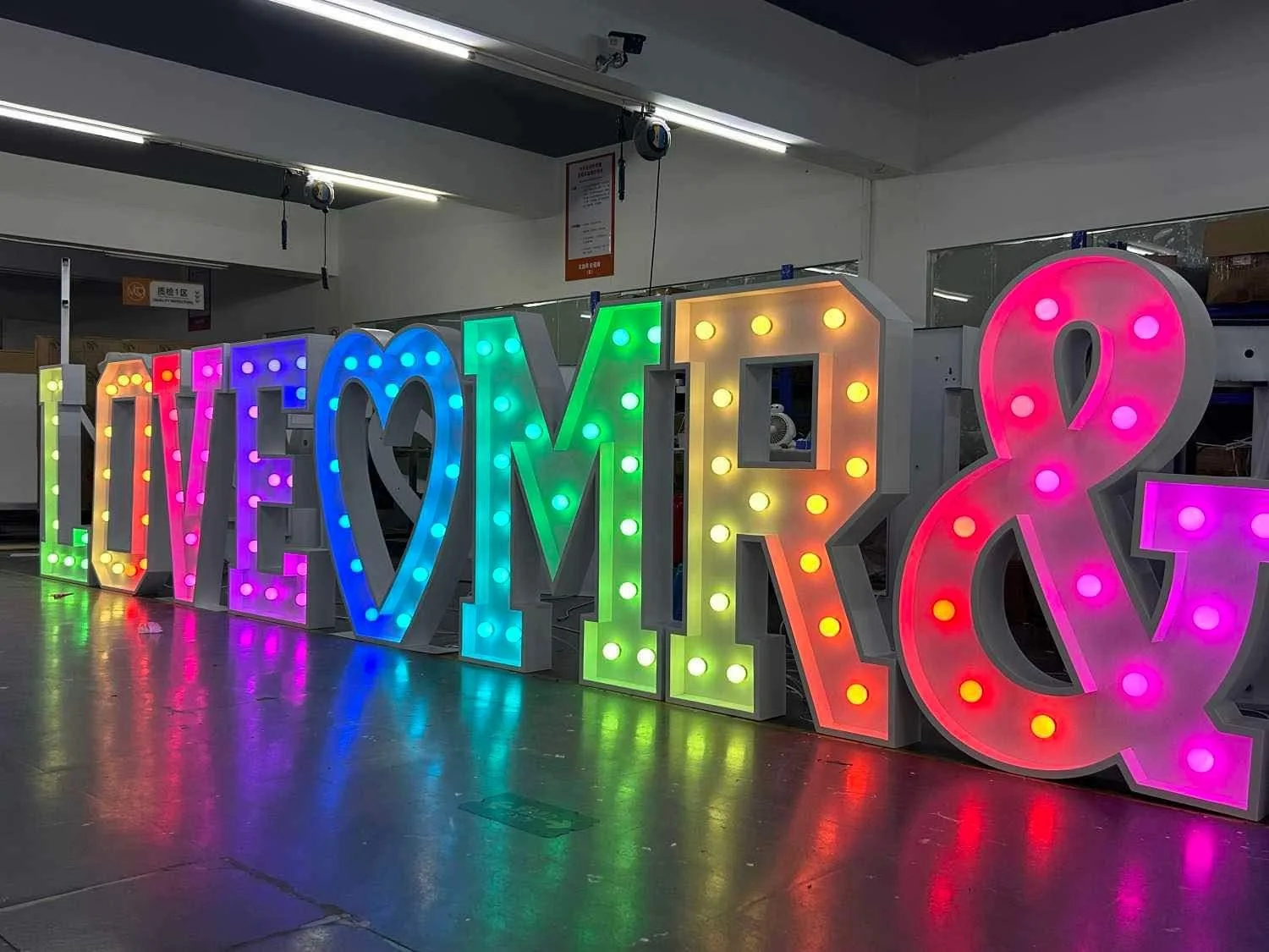 Giant four foot RGB marquee letters from right view angle