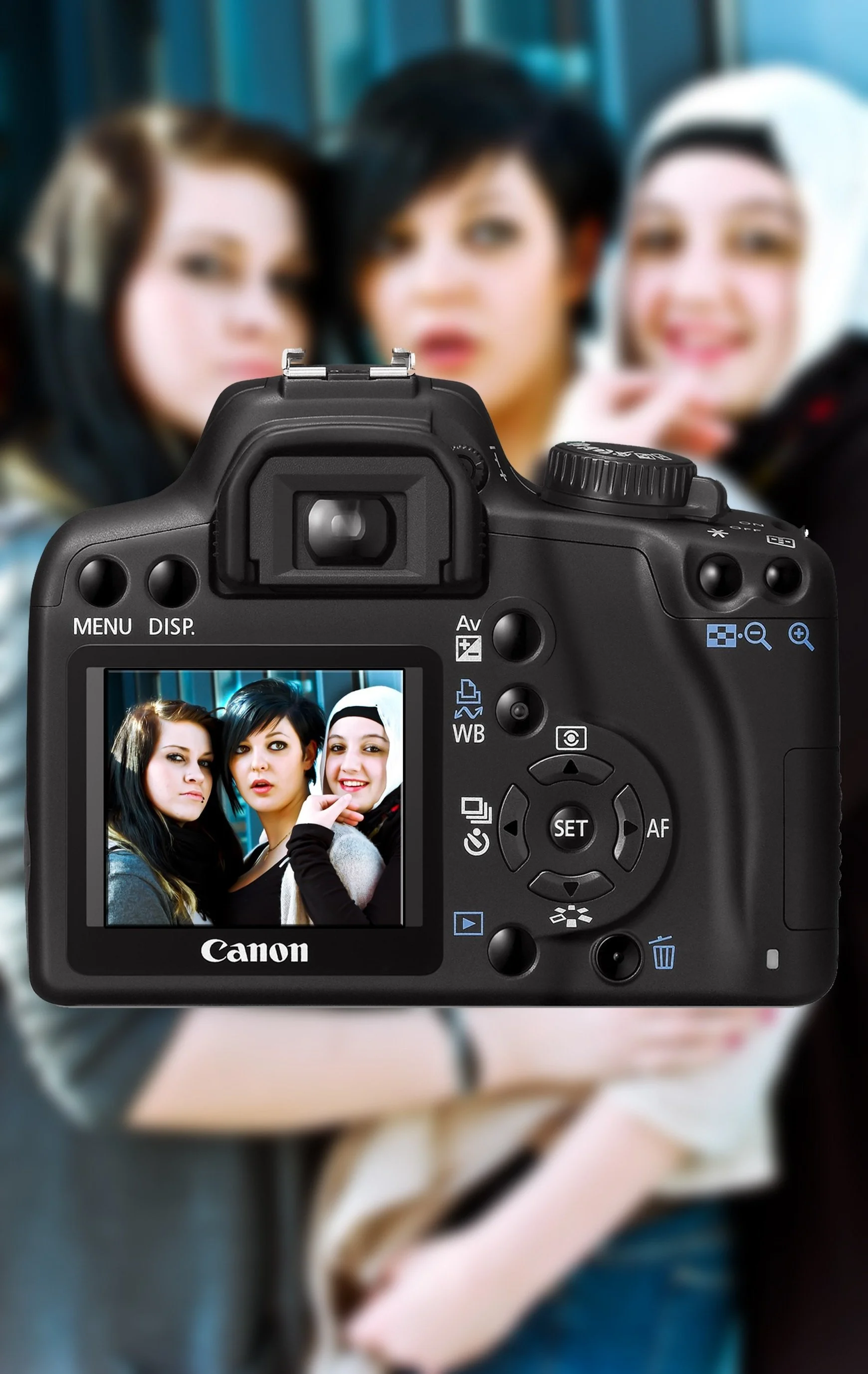 Close-up view of a Canon DSLR camera's LCD screen displaying a sharp video recording of three event attendees, demonstrating the shallow depth of field and cinematic focus provided by the TruFocus upgrade