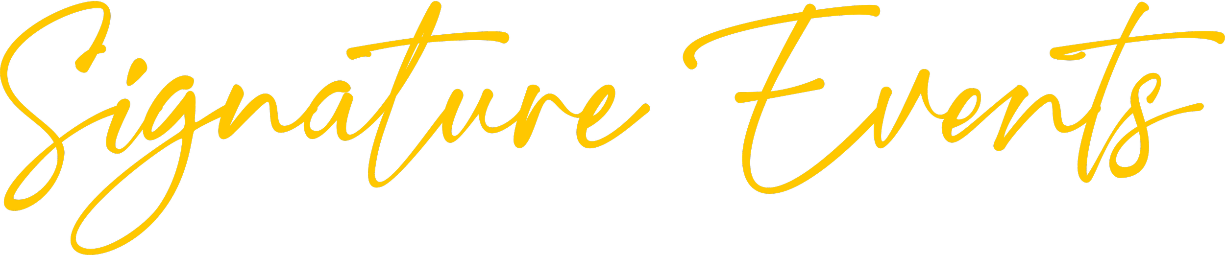 Stylized yellow script text reading “Signature Events”, representing DFW Booths’ featured event categories section.