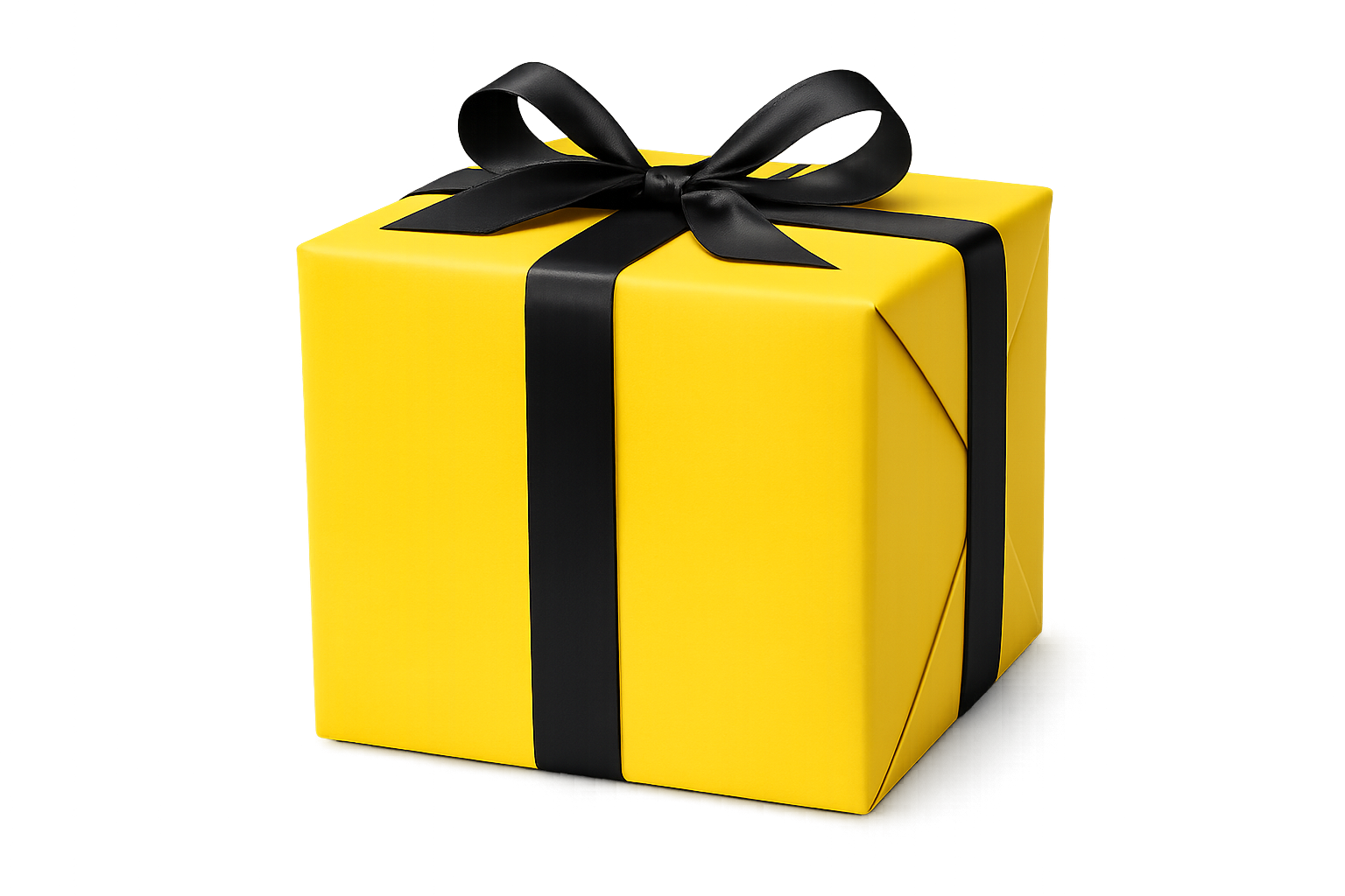 Yellow gift box wrapped in bright #FFC700 paper with a sleek black ribbon and bow, representing DFW Booths premium booth packages for events, weddings, and corporate experiences in Dallas–Fort Worth.