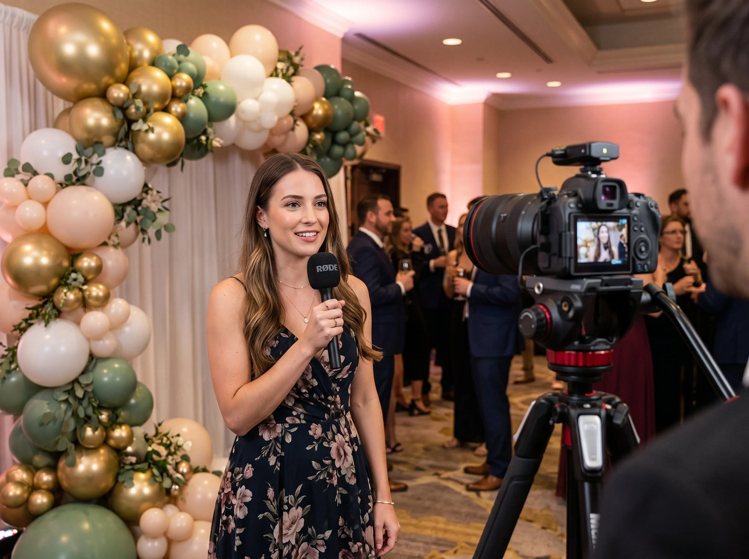 Event guest speaking into a handheld Rode microphone in front of the DFW Booths TruFocus video booth camera setup and balloon backdrop