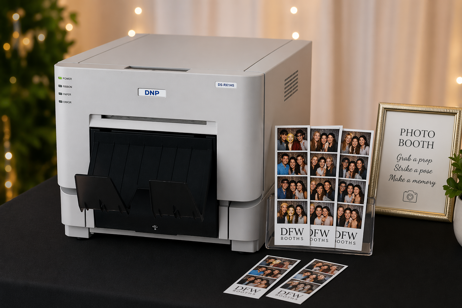 DNP DS-RX1HS photo booth printer on a table with custom 2x6 photo booth prints displayed beside it for a DFW Booths event rental setup.