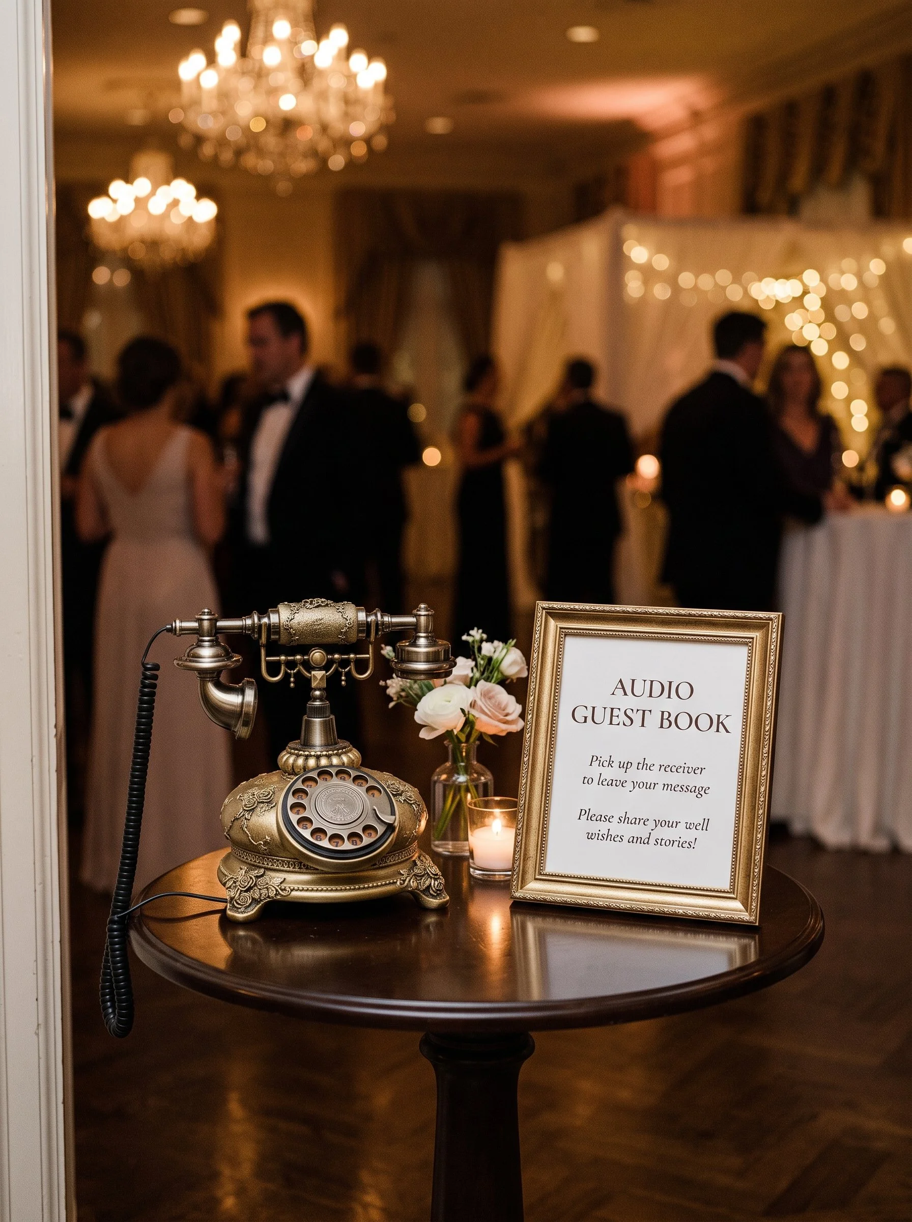 An ornate antique brass audio guest book phone sits on a dark wooden pedestal table at a formal gala. Next to the telephone is a gold-framed instruction sign reading 'AUDIO GUEST BOOK'.