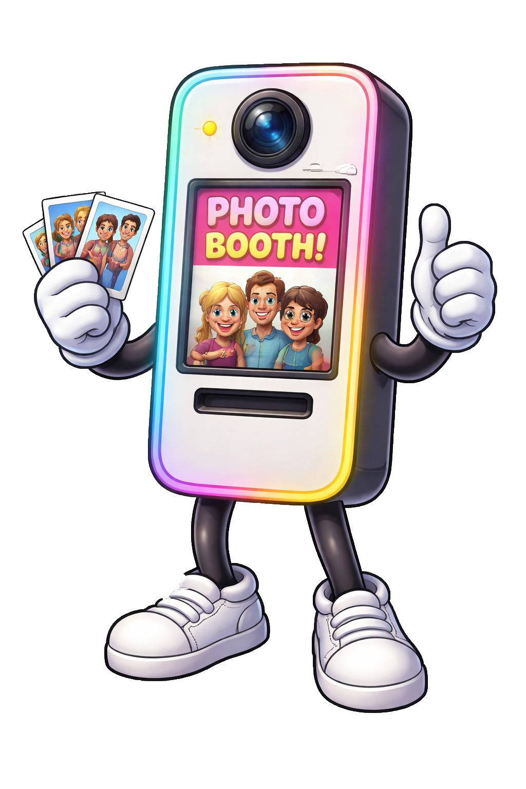 Illustration of a personified cartoon photo booth that can walk and roam.