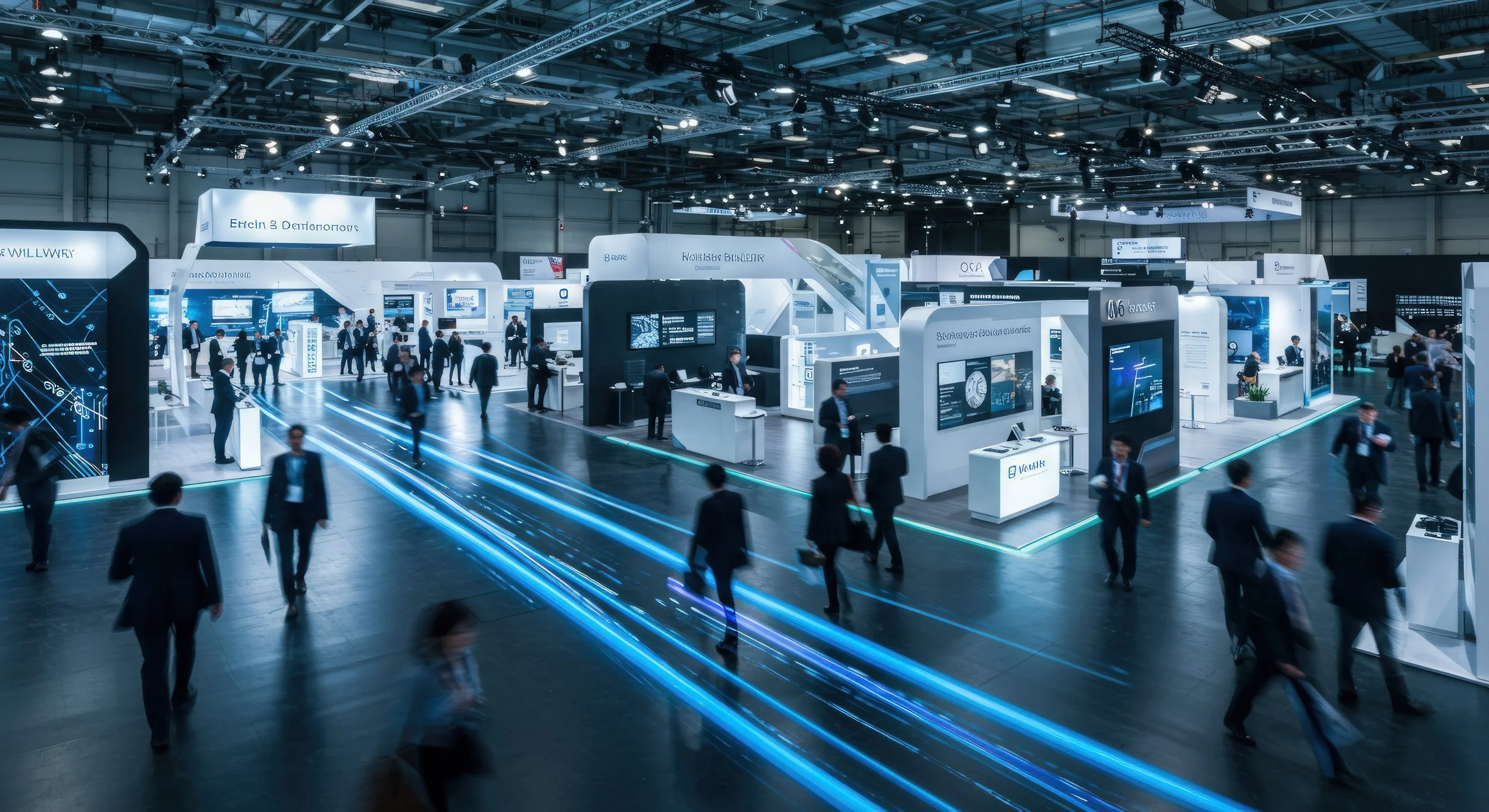 Attendees networking and exploring modern exhibition booths at a large convention and trade show with professional displays and digital lighting accents.
