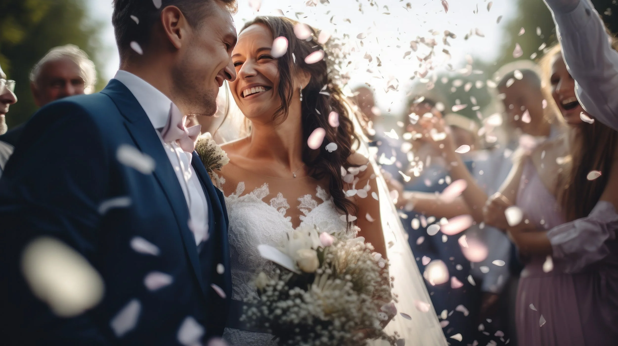 Bride and groom smiling during their wedding ceremony exit as guests throw flower petals in celebration