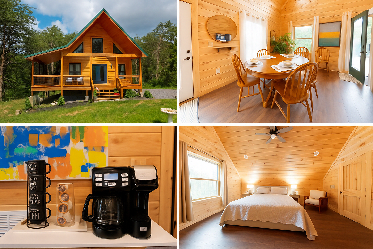 A cozy living room corner with a large window letting in natural light, featuring a vintage patterned armchair, a small round side table with a black lamp, a brick fireplace, a bookshelf filled with books, and a patterned sofa with a decorative pillow, all on a wooden floor with a red patterned rug.