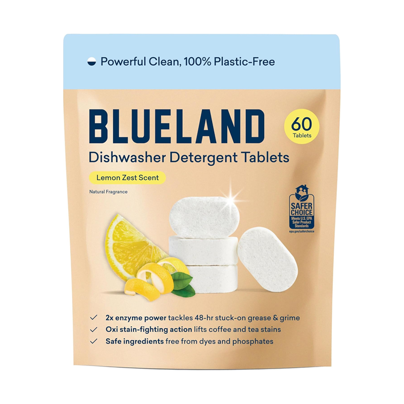 A package of Blueland dishwasher detergent tablets with lemon zest scent, featuring 60 tablets and eco-friendly indicators.