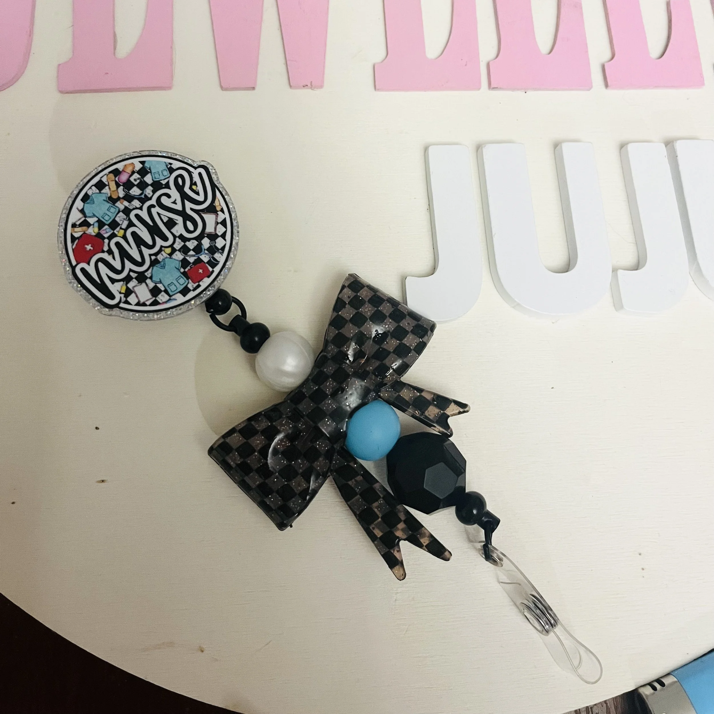 Checkered Bow Nurse Badge Reel