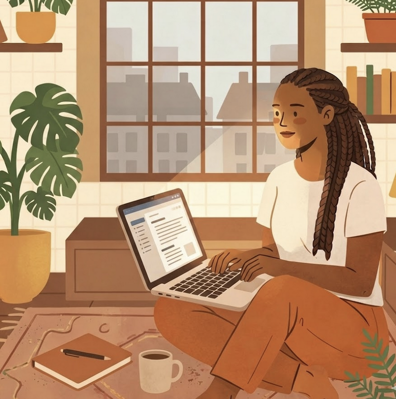 a warm-toned illustration of a black woman with long braids sitting cross-legged on a rug, working on a laptop. she is in a cozy room filled with potted plants and sunlight streaming through a large window. a notebook and a mug are on the floor.