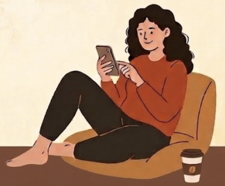 an illustration of a woman with curly hair sitting comfortably in a brown beanbag chair. she is smiling while looking at her tablet. a disposable coffee cup sits on the floor next to her  against a simple, neutral background.