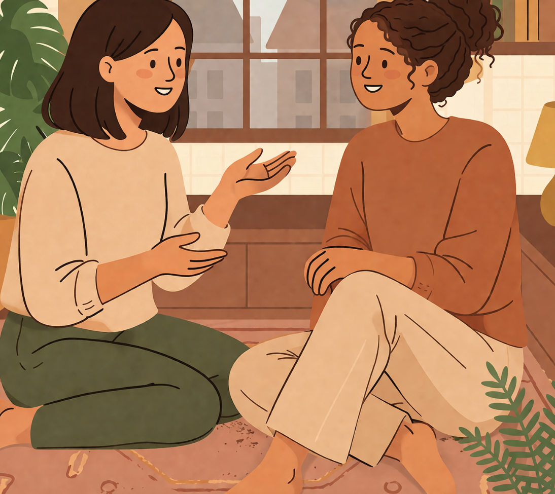 a flat-style illustration of two women sitting on a patterned rug and having a conversation. the woman on the left gestures with her hands while the woman on the right listens with a smile. the background shows a large window and indoor plants.
