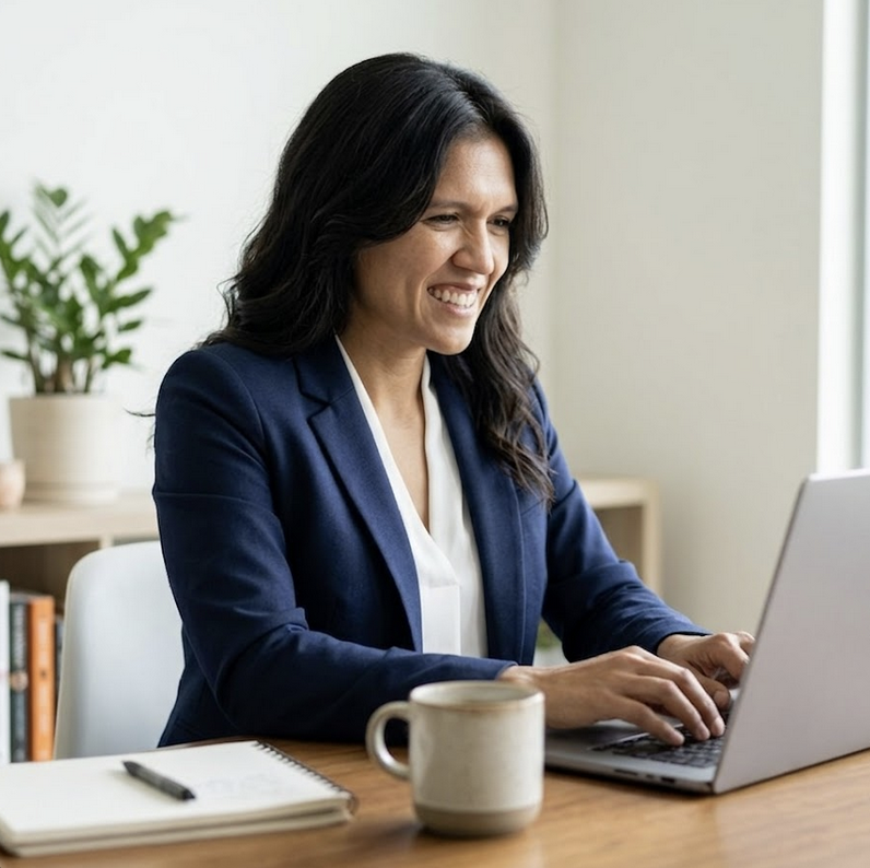 a side profile view of a woman in a navy blue blazer sitting at a wooden desk and working on her laptop. she has a thoughtful expression with her hand resting on the laptop. the background features a cozy office with a plant, books, and  clock.