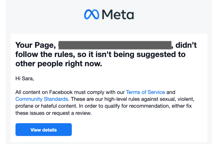 Meta Page Doesn’t Qualify for Recommendation