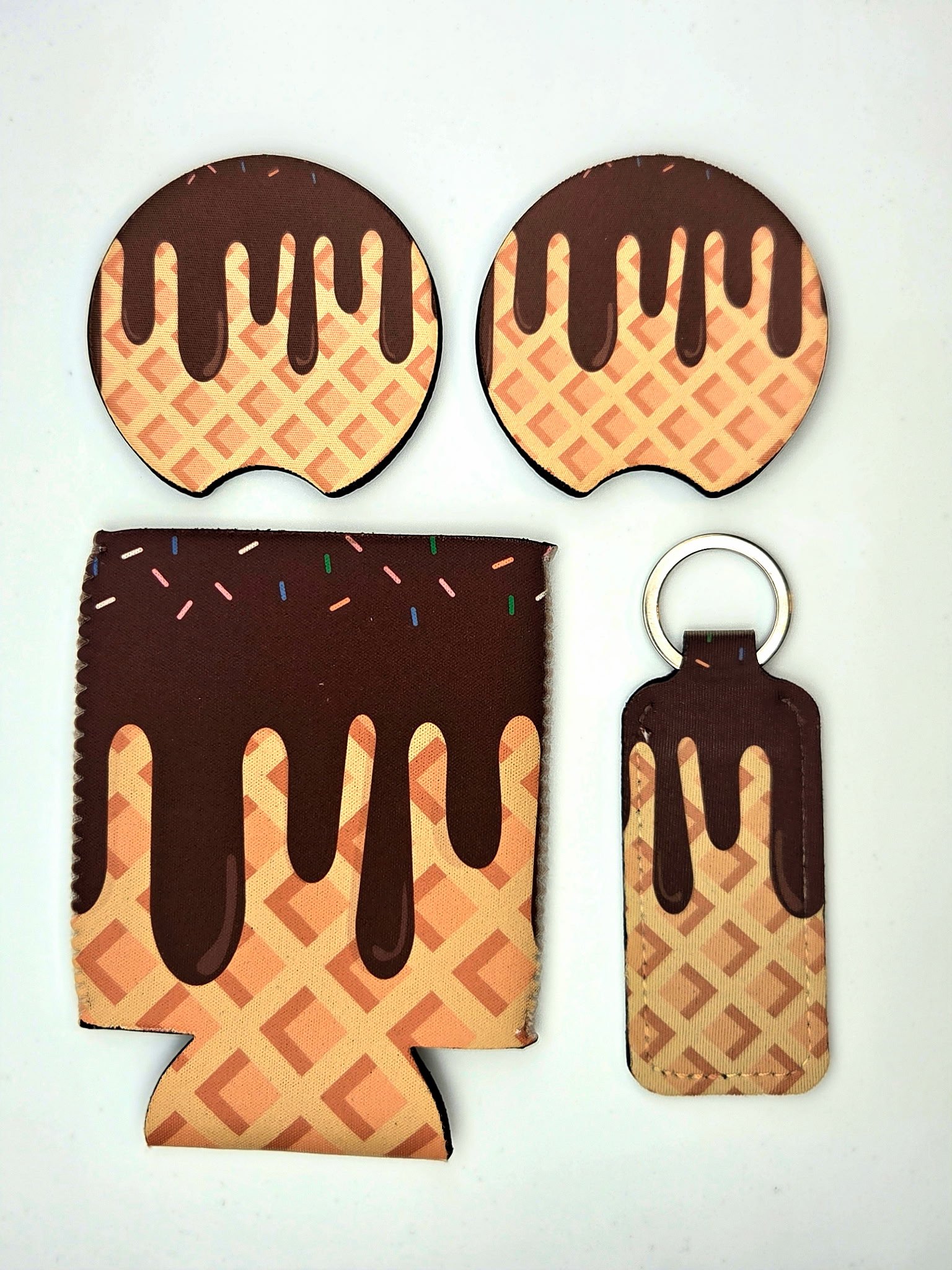 Can Koozie, Car Coasters, Set of 2 and Lip Balm Holder Keychain