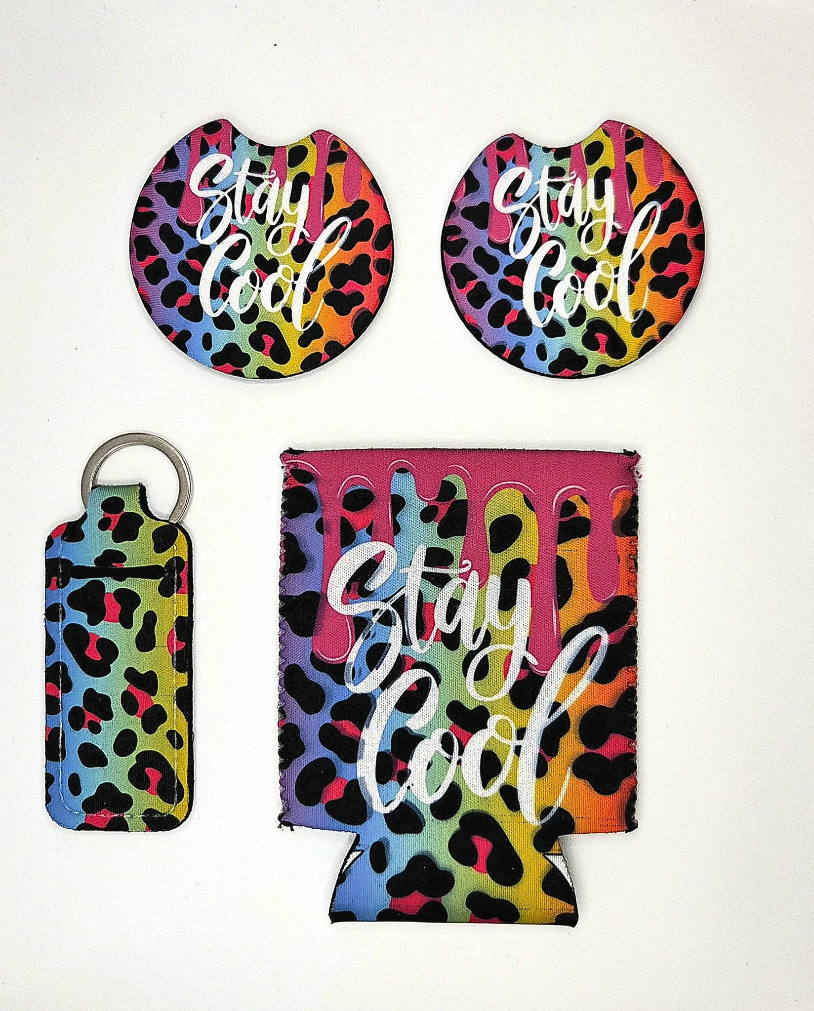 Can Koozie, Car Coasters, Set of 2 and Lip Balm Holder Keychain