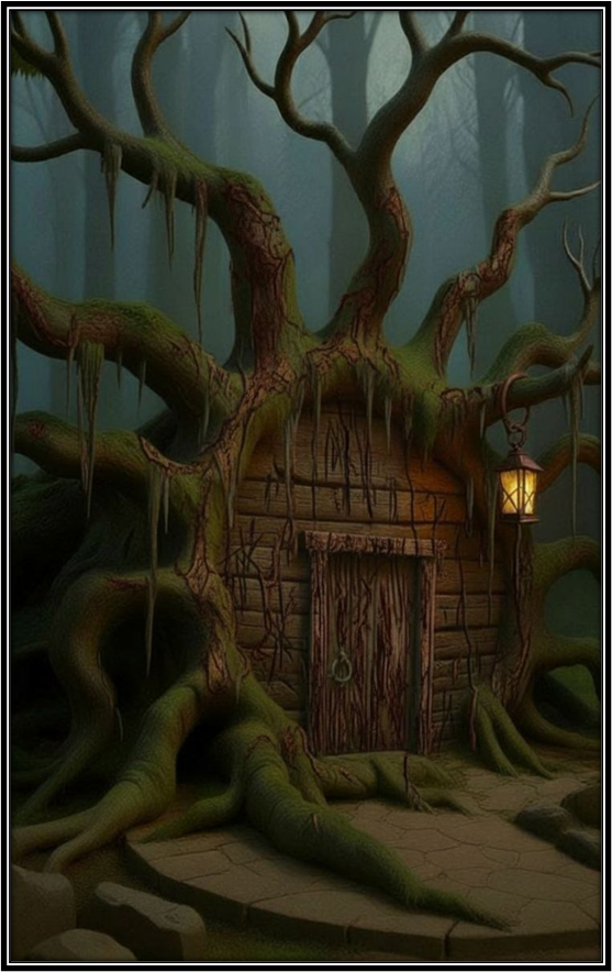 Illustration of a tree intertwined with a door, with moss and roots, in a fantasy forest scene.