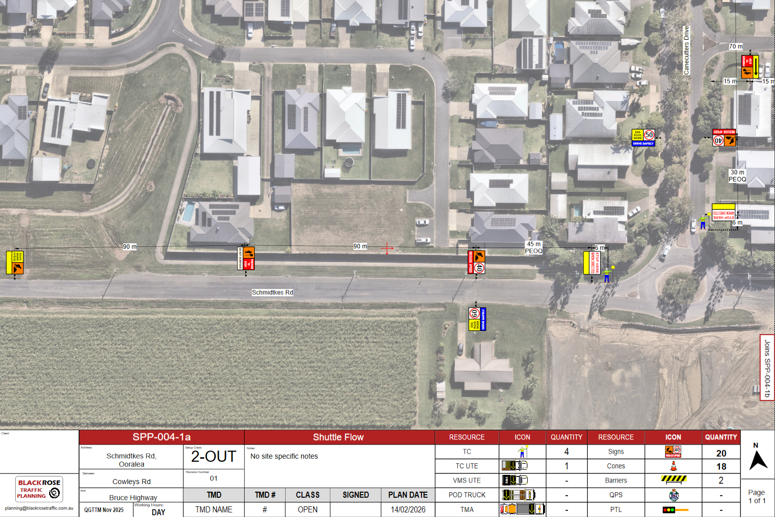 A traffic management plan map showing roadworks and safety signs along Schmidtkes Road near Cowleys Road and Bruce Highway, with icons indicating roadwork, speed limits, and traffic controls.